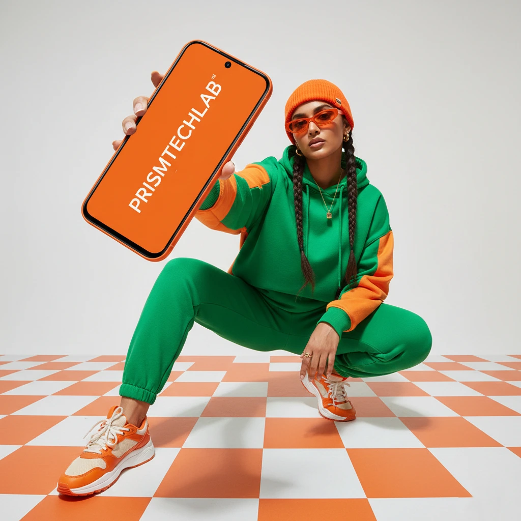 A young Indian woman in a green hoodie and orange beanie squatting on a checkerboard floor, holding an oversized orange Prismtechlab Pro smartphone toward the camera in a wide-angle, high-fashion studio shot.